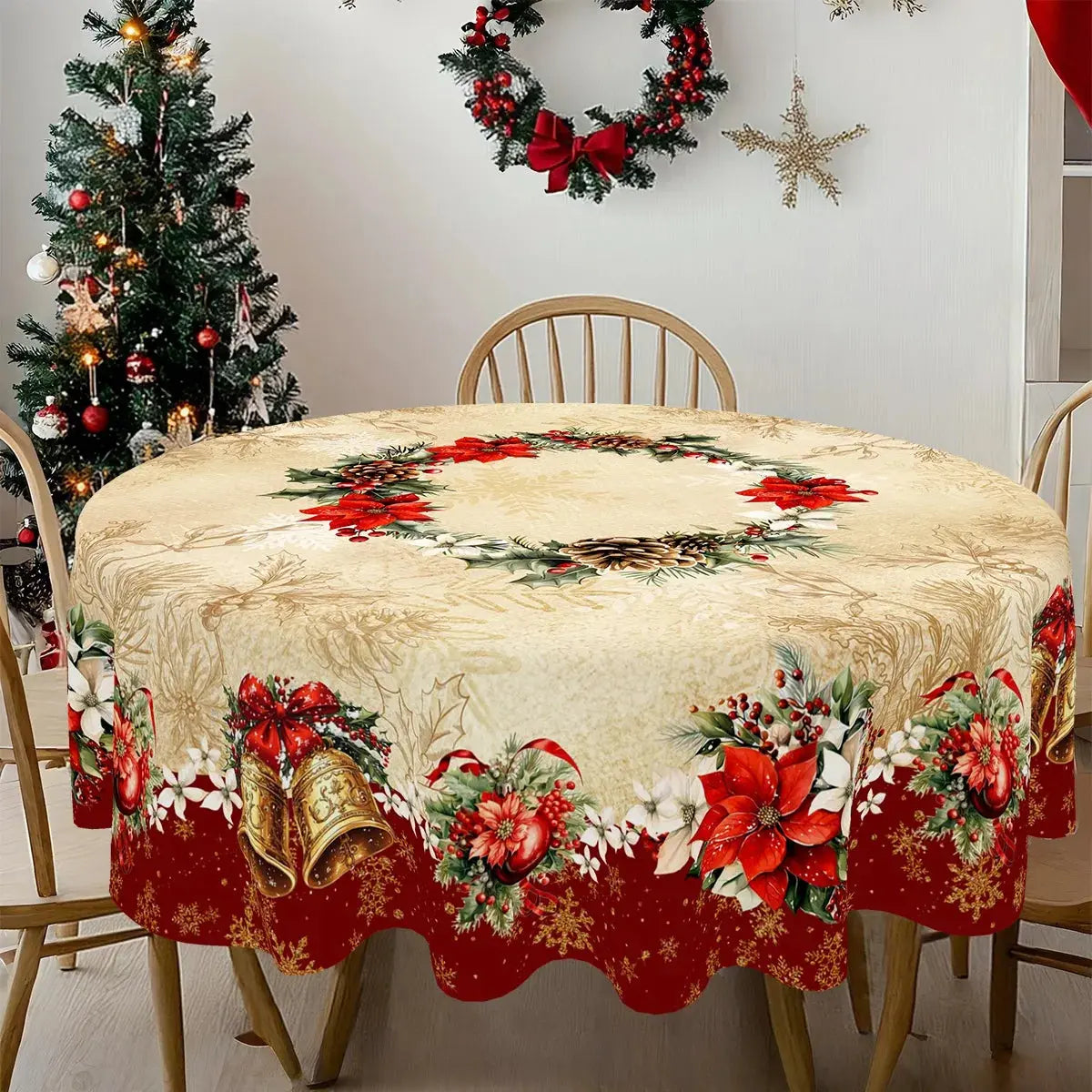 Nappe de Fêtes Imprimé Poinsettia et Cloches Dorées Ma boutique