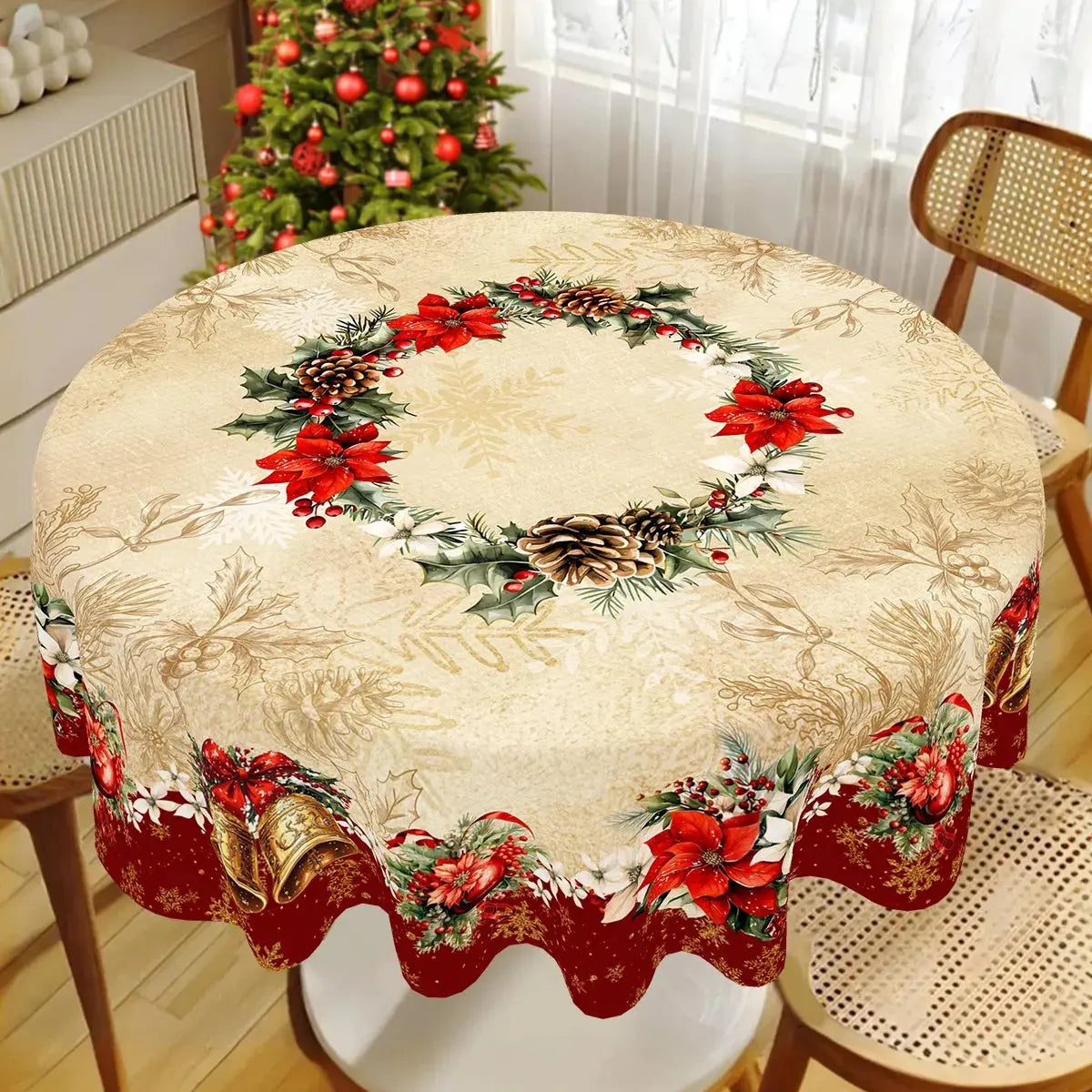 Nappe de Fêtes Imprimé Poinsettia et Cloches Dorées Ma boutique