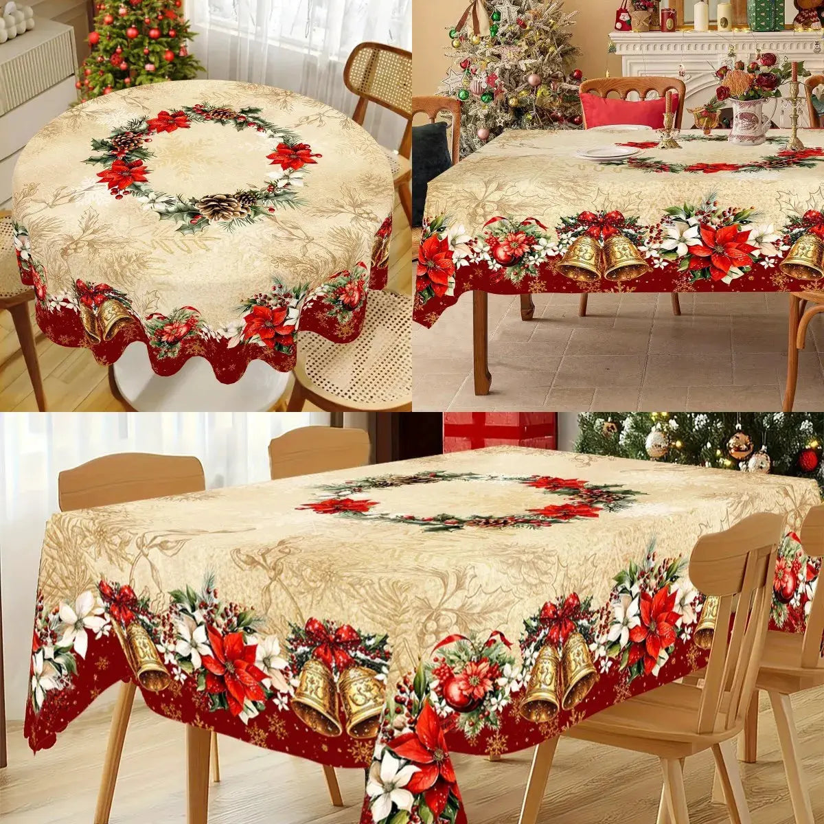 Nappe de Fêtes Imprimé Poinsettia et Cloches Dorées Ma boutique